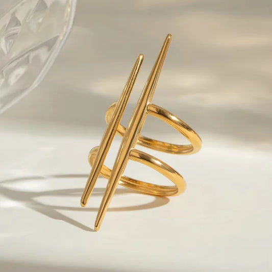 Close-up of Orek Duo Line Open Ring ring detail, two parallel, hollow lines running side