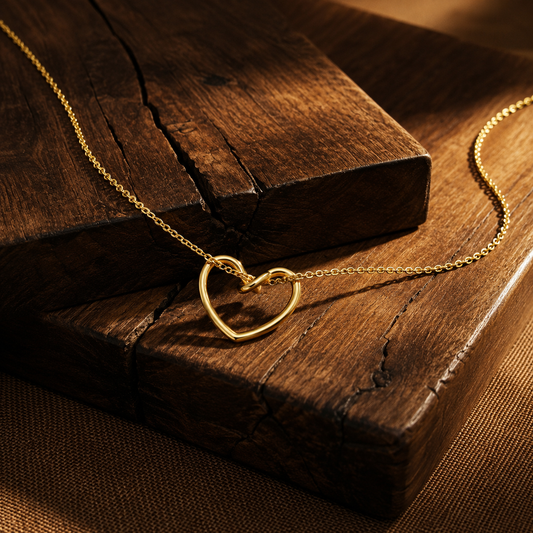 Close-up of Orek Arelia Pure Heart Necklace necklace detail, a hollow-out heart pendant on a delicate