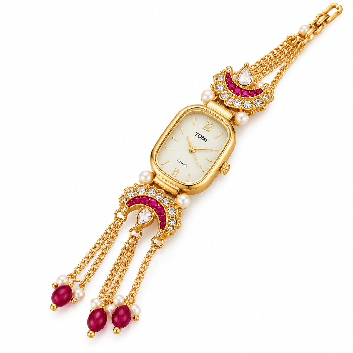 Gulnaar Gold-Tone Bracelet Watch with Ruby Red Stones & Pearl Tassels | Orek