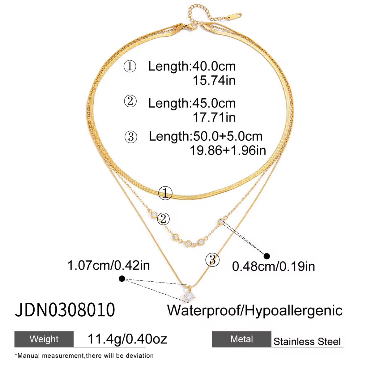 Orek Elia Luxe Layers Necklace detail view, anti-tarnish gold plated