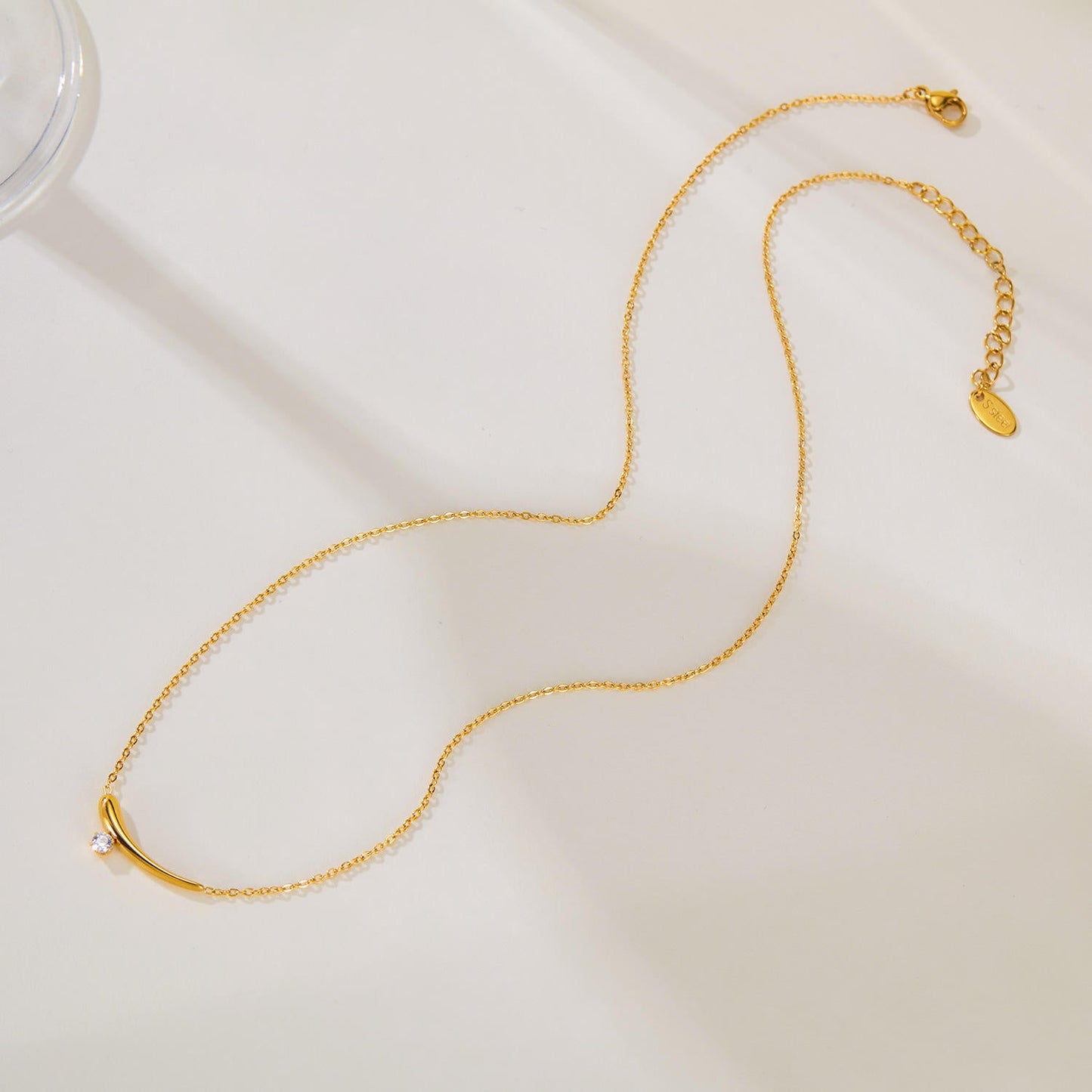 Orek Solyn Crescent Grace Necklace detail view, anti-tarnish gold plated