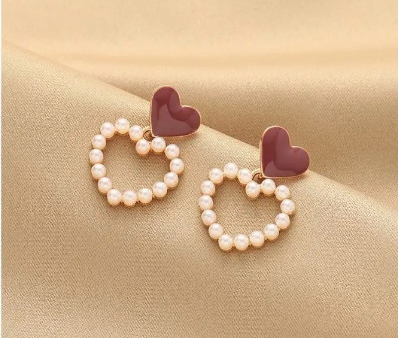 Western Faux Pearl Heart Decor Earring For Women & Girls |Stylish & Elegant (White And Brown)