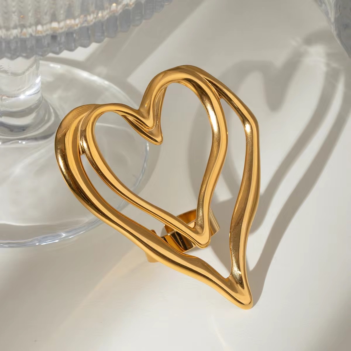 18k Gold Double Layer Heart Adjustable Open Ring - additional view