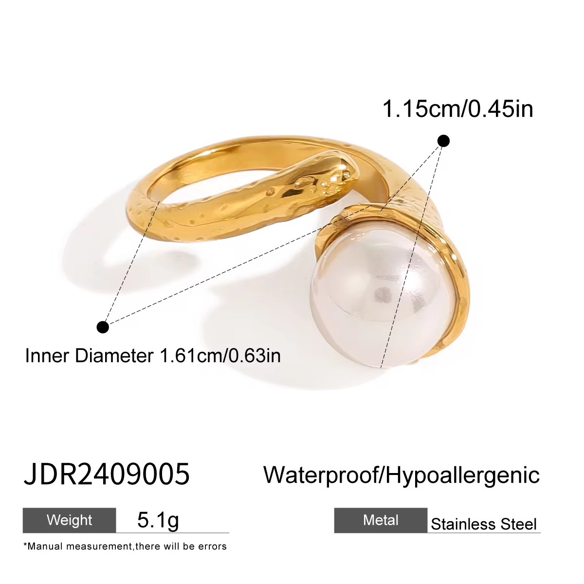 Ins Style Irregular Hammered Pearl Adjustable 18K Gold Plated Open Ring