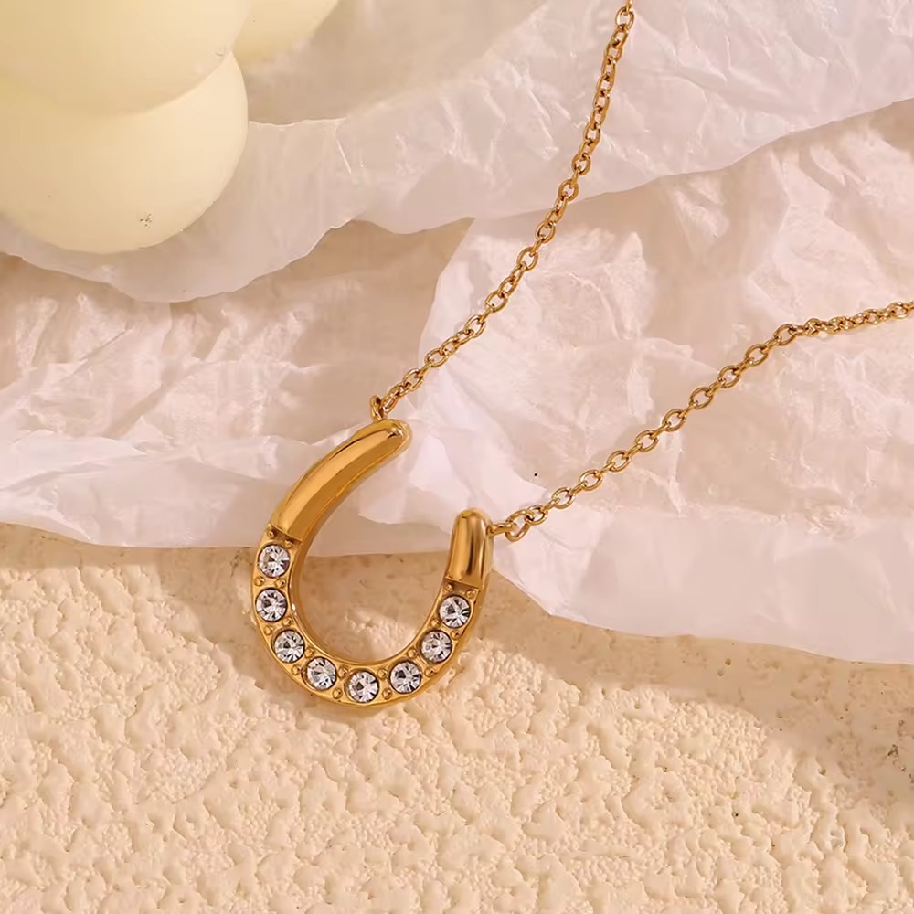 U-Shaped Asymmetrical Horsehoe Luxurious 18k Gold Plated Zircon Pendant Necklace - additional view