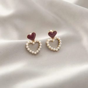Western Faux Pearl Heart Decor Earring For Women & Girls |Stylish & Elegant (White And Brown)