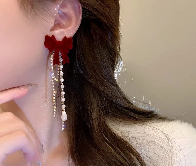 Western French Wintage Wine Red Bowknot Long Rhineston Pearl Tassel Earings For Women & Girls |Stylish & Elegant (Wine And White)