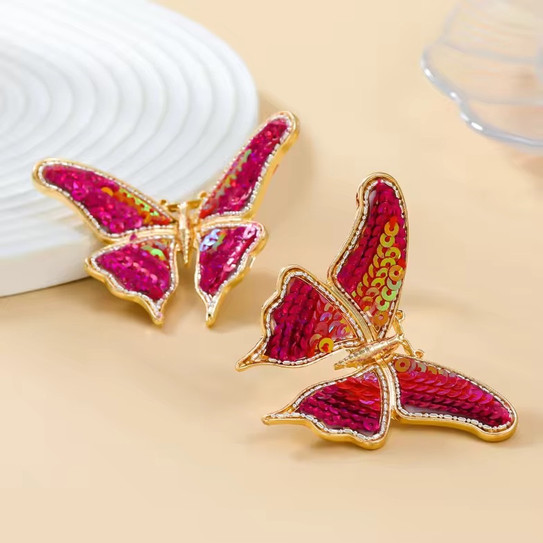 Red Sequin Butterfly Earrings – Casual Holiday Party Insect Earrings