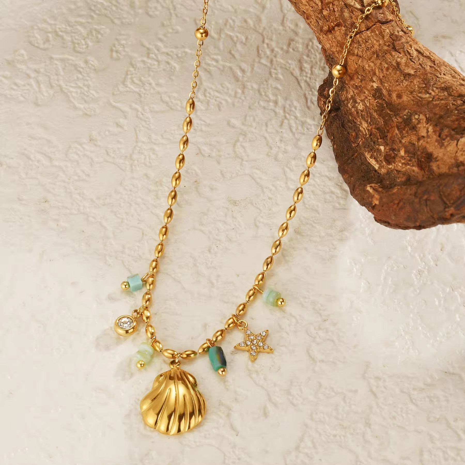 Ocean Whispers – 18K Gold Plated Shell Charm Necklace with Green Beads - additional view