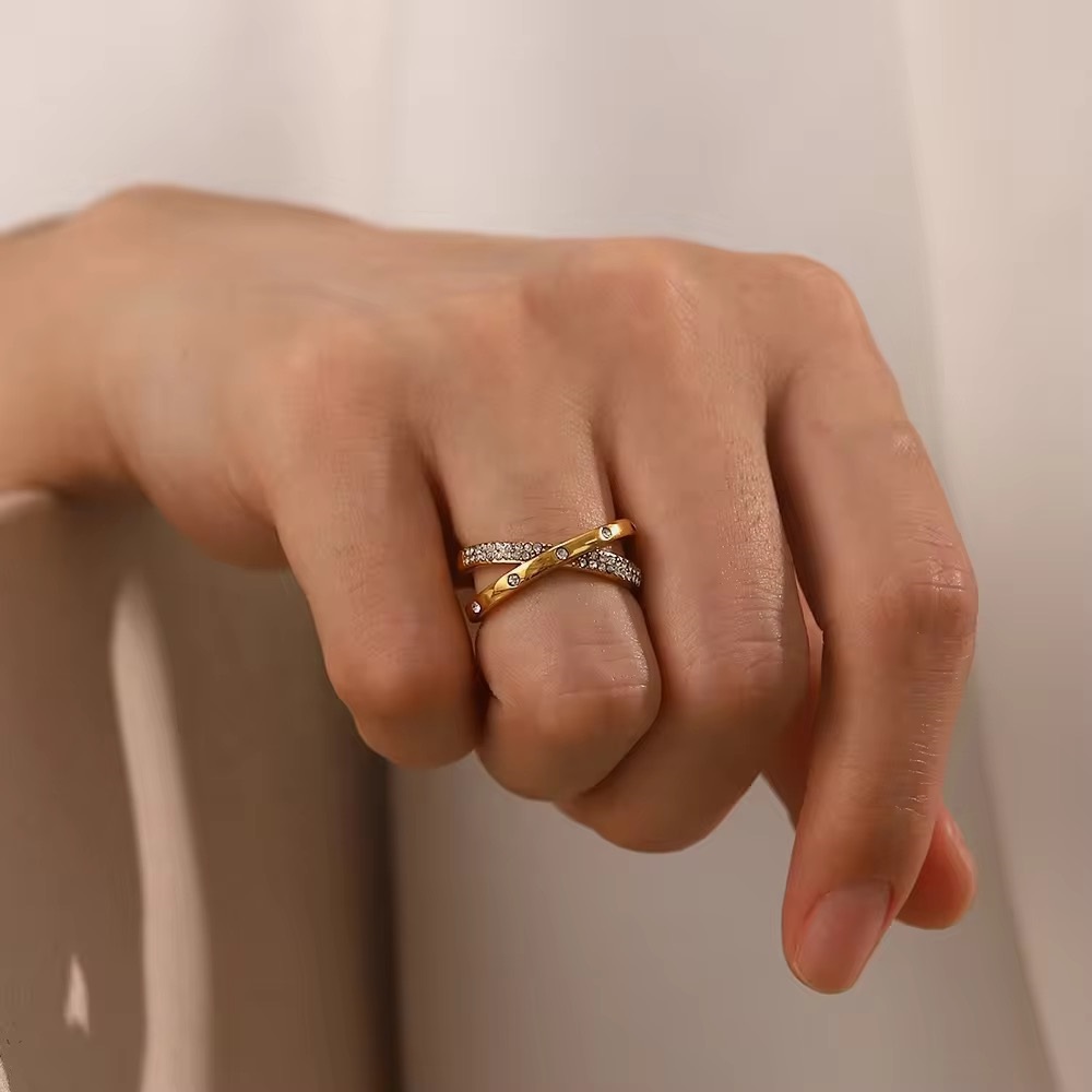 2 Layer White Shiny Diamond X Cross 18k Gold Plated Opening Ring