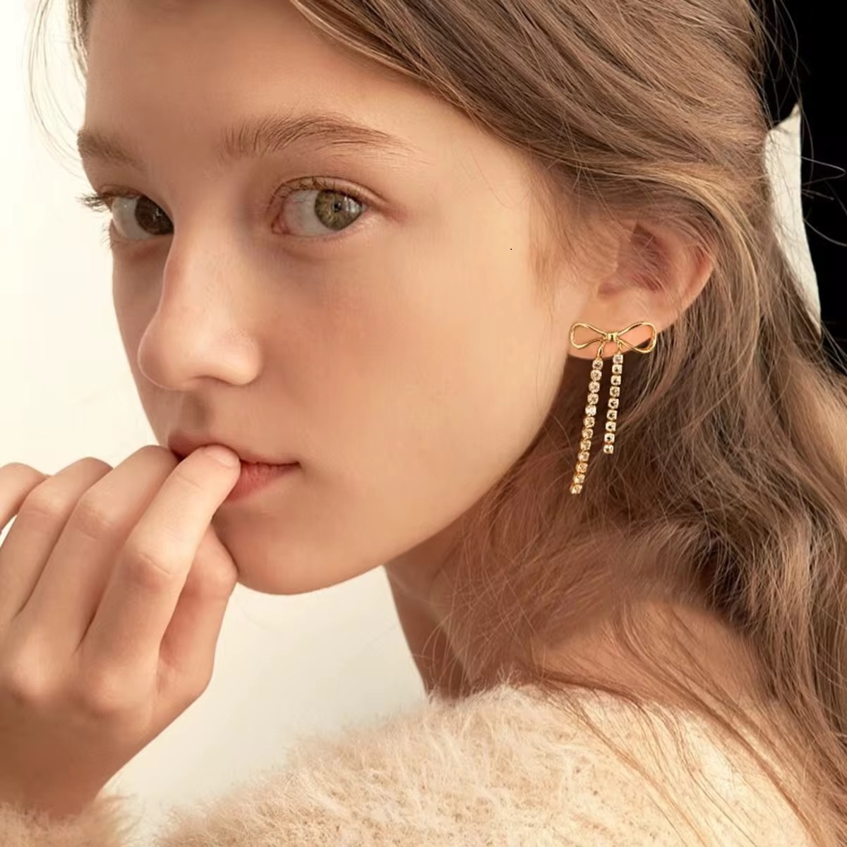 Dainty 18K Gold Plated Bow-Shaped Tassel Long Earrings
