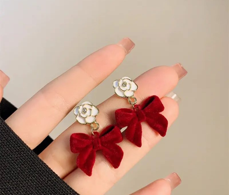 Western Red Velvet Bow With Flower Temperament Earings For Women & Girls |Stylish & Elegant (White & Red)
