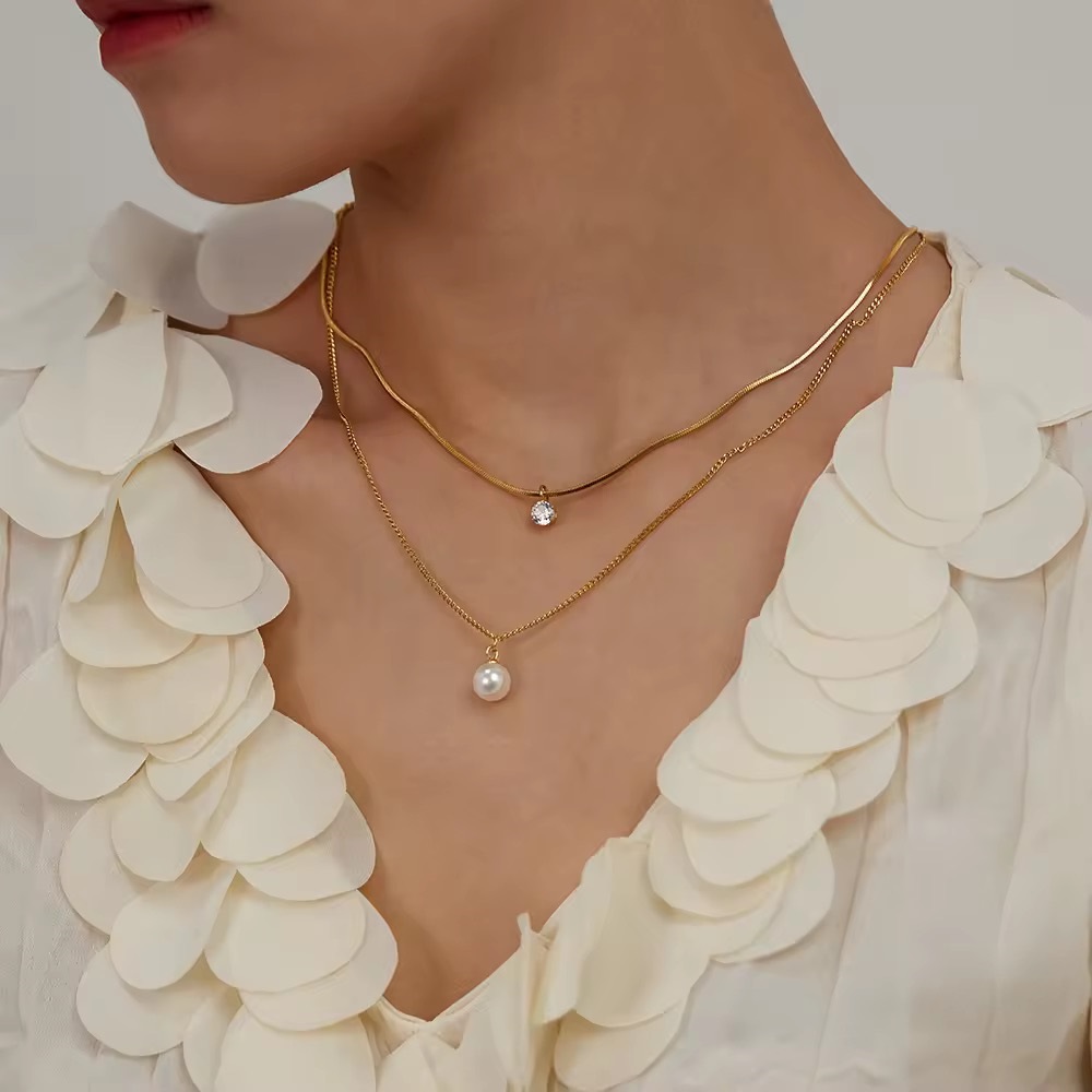 Golden Grace – Dual Layer 18K Gold Plated Pearl & Zircon Pendant Necklace - additional view