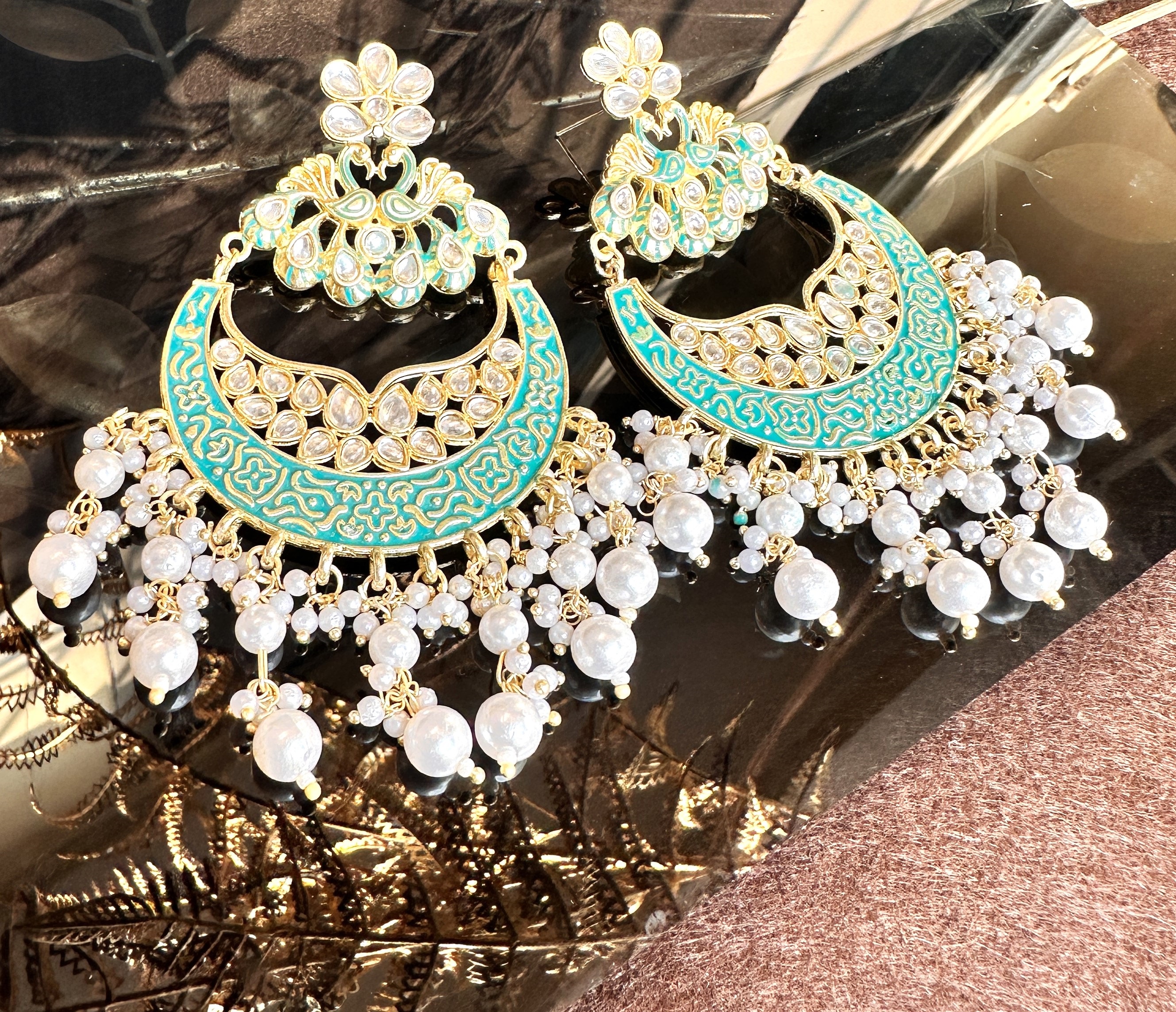 Royal Peacock Motif Mint Green Enamel & Pearl Chandelier Earrings