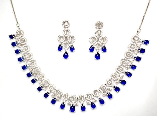  Orek Elegant Silver-Tone Crystal Necklace & Earrings Set with Blue Stone Drops - additional view