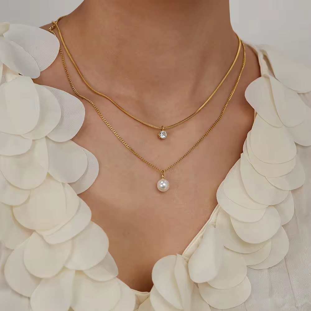 Golden Grace – Dual Layer 18K Gold Plated Pearl & Zircon Pendant Necklace