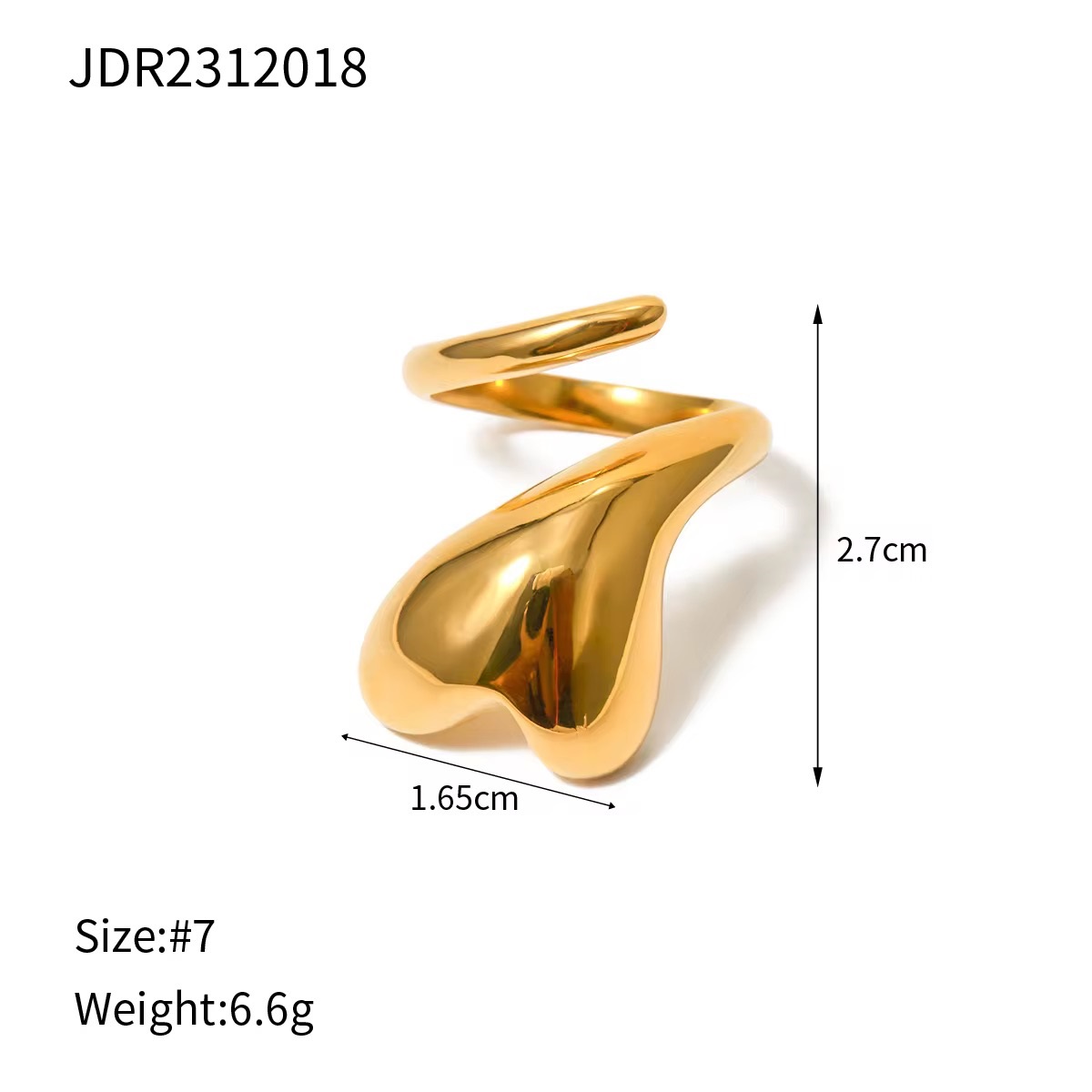 18k Gold Heart Shaped Chunky Wrapped Texture Statement Open Ring - additional view