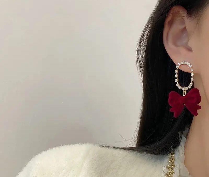 Western Red velvet Bow with american diamond dngler earing