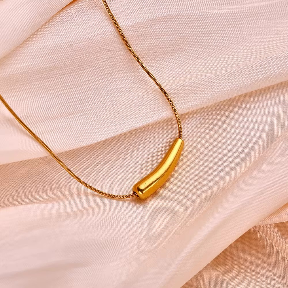 Sculpted Golden Arc – Minimalist 18K Gold Plated Curved Tube Pendant Necklace - additional view