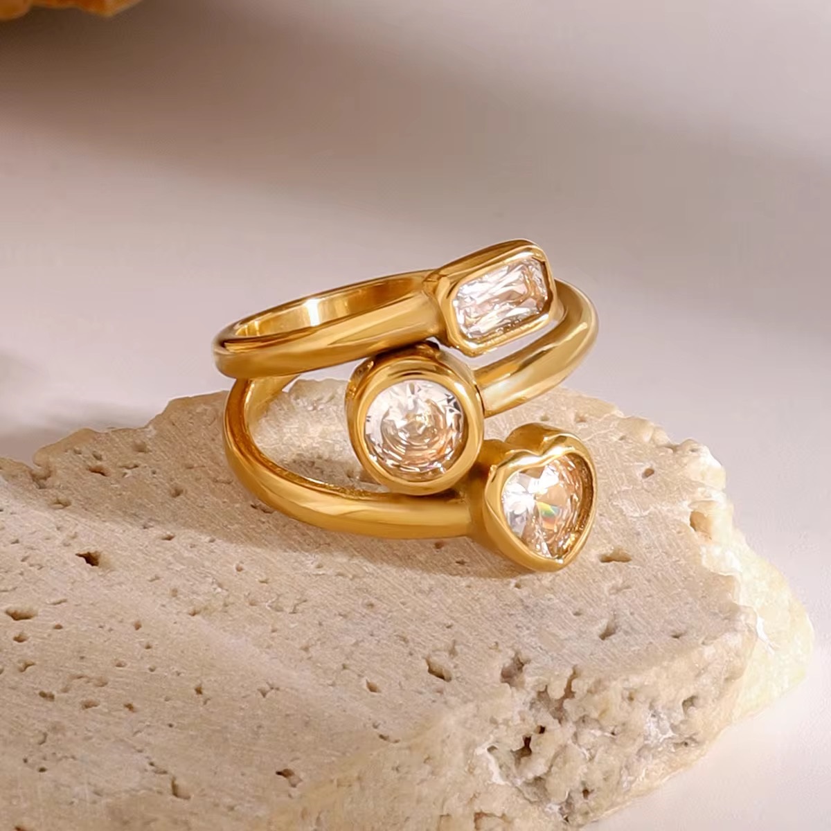 Zircon Multi Three Layers Hollowed 18k Plated Three-Layer-Heart Ring