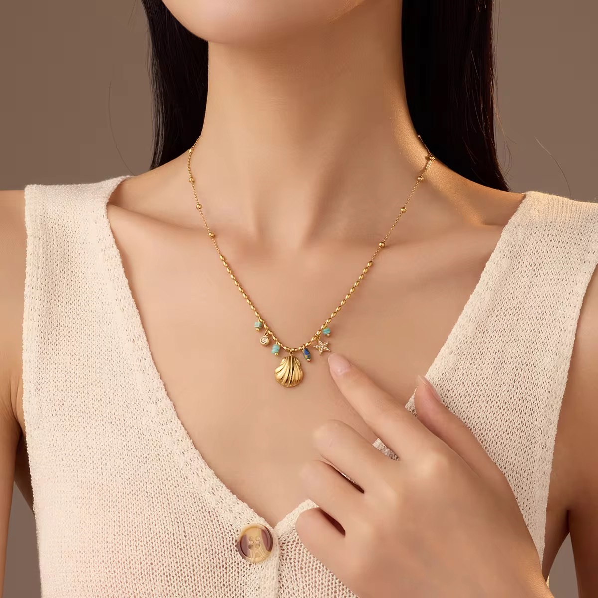 Ocean Whispers – 18K Gold Plated Shell Charm Necklace with Green Beads