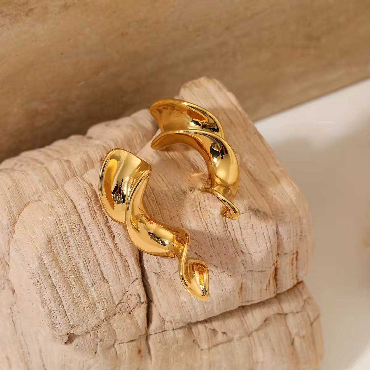 Irregular Twisted Shaped 18K Gold Plated Chunky Tarnish Free Earing - additional view
