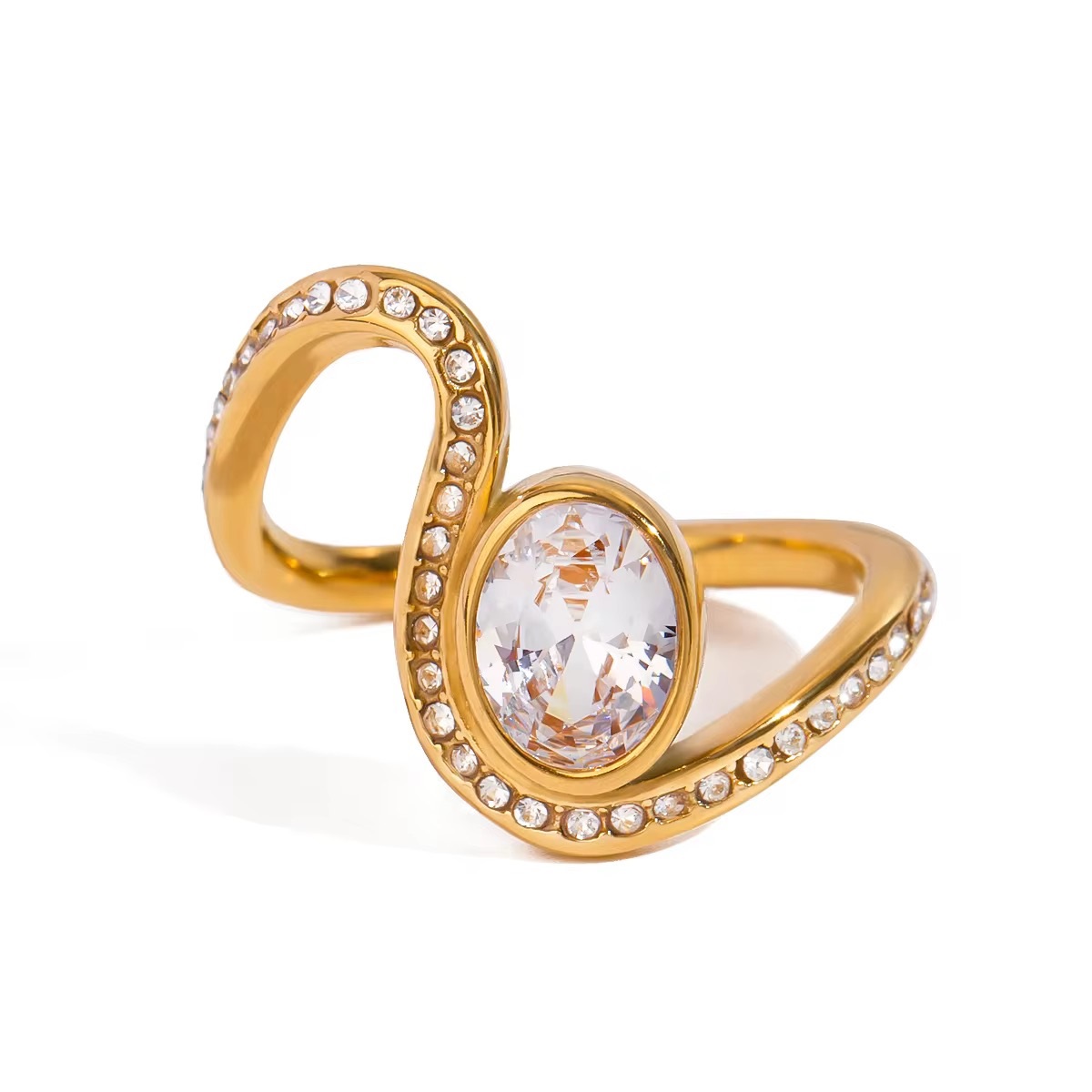 Water Drill Wave Oval Diamond 18k Gold Plated Ring - additional view