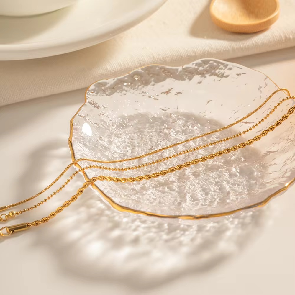 New 3 Layered Gold Plated Ball Beaded Stacking Bracelet Thin Twist Chain Bracelet Set