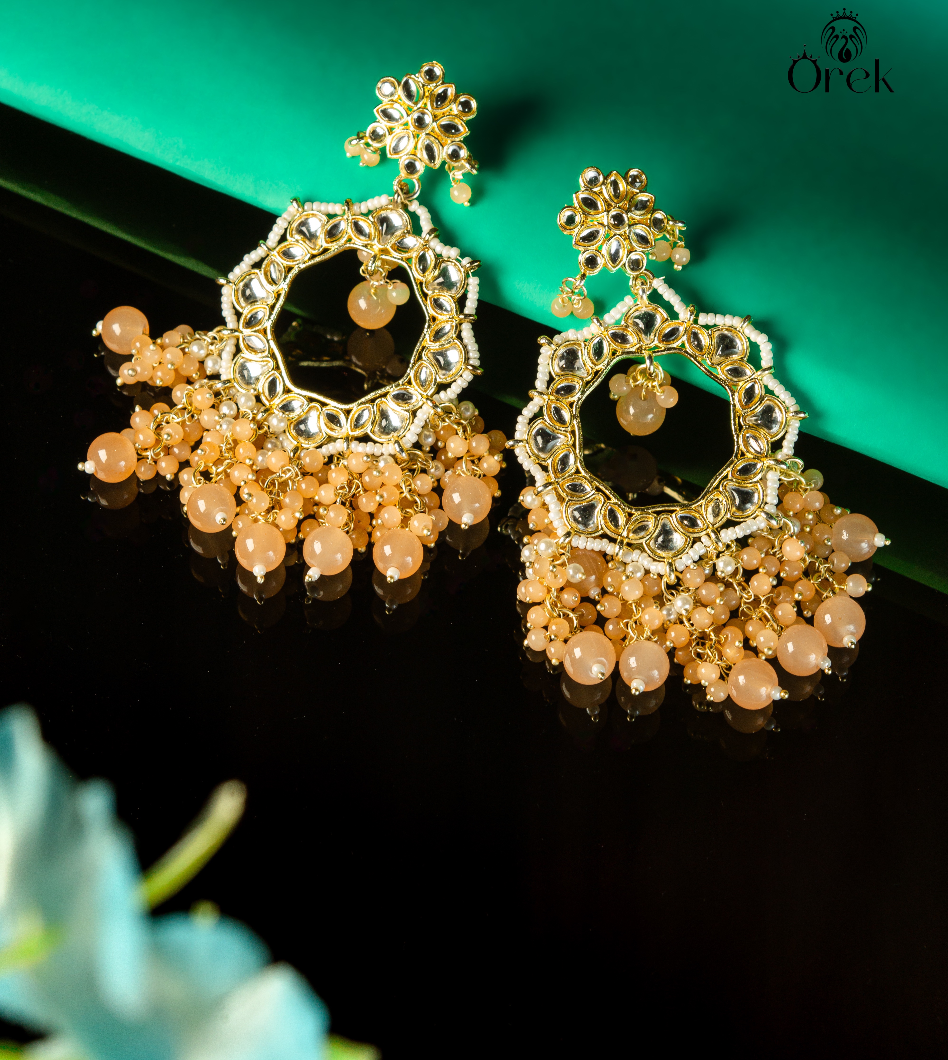 Orek Luxurious Gold-Plated Kundan Floral Dangler Earrings with Peach Bead Tassels