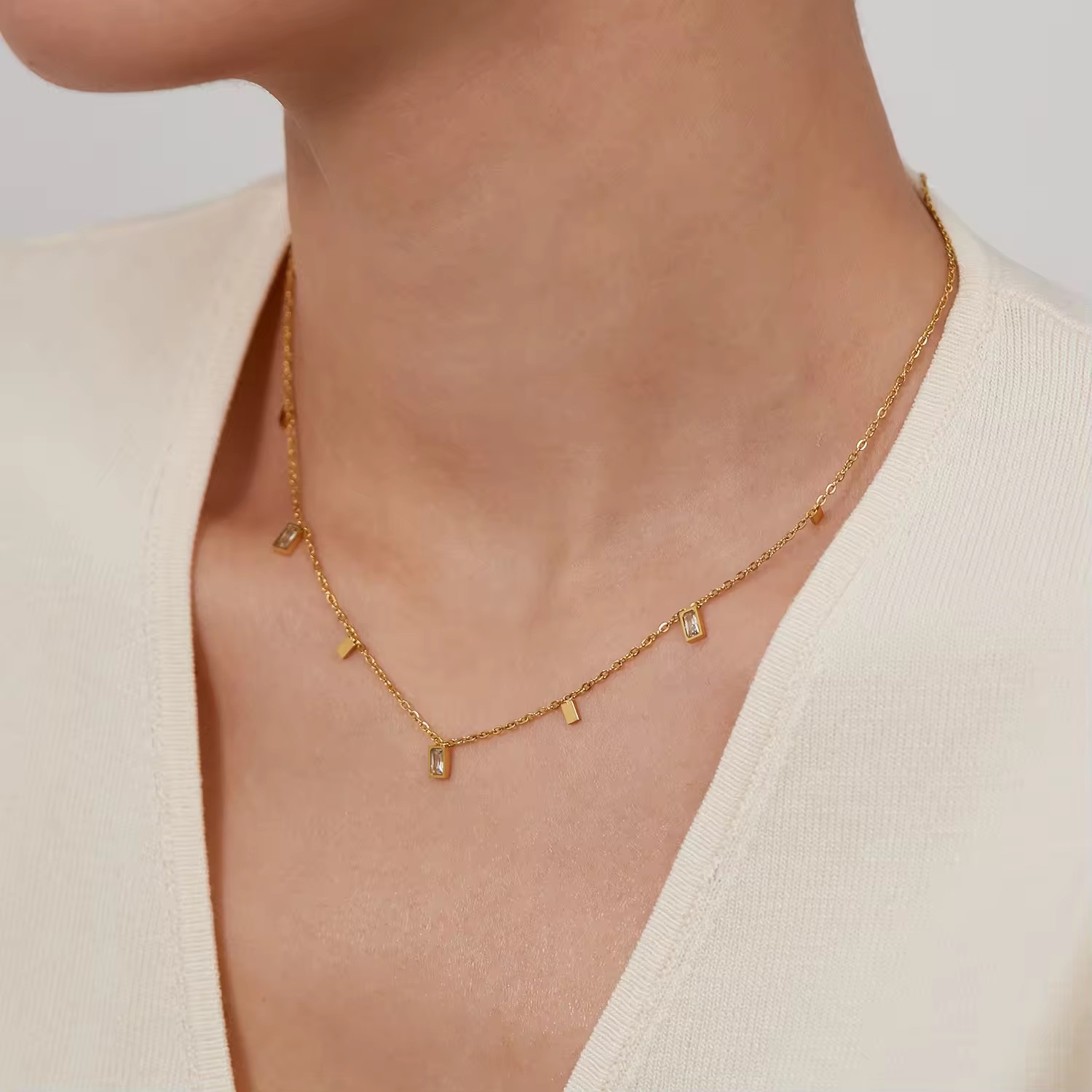 18k Non Fade Simple Geometric Square Zircon Chain Charm Necklace - additional view