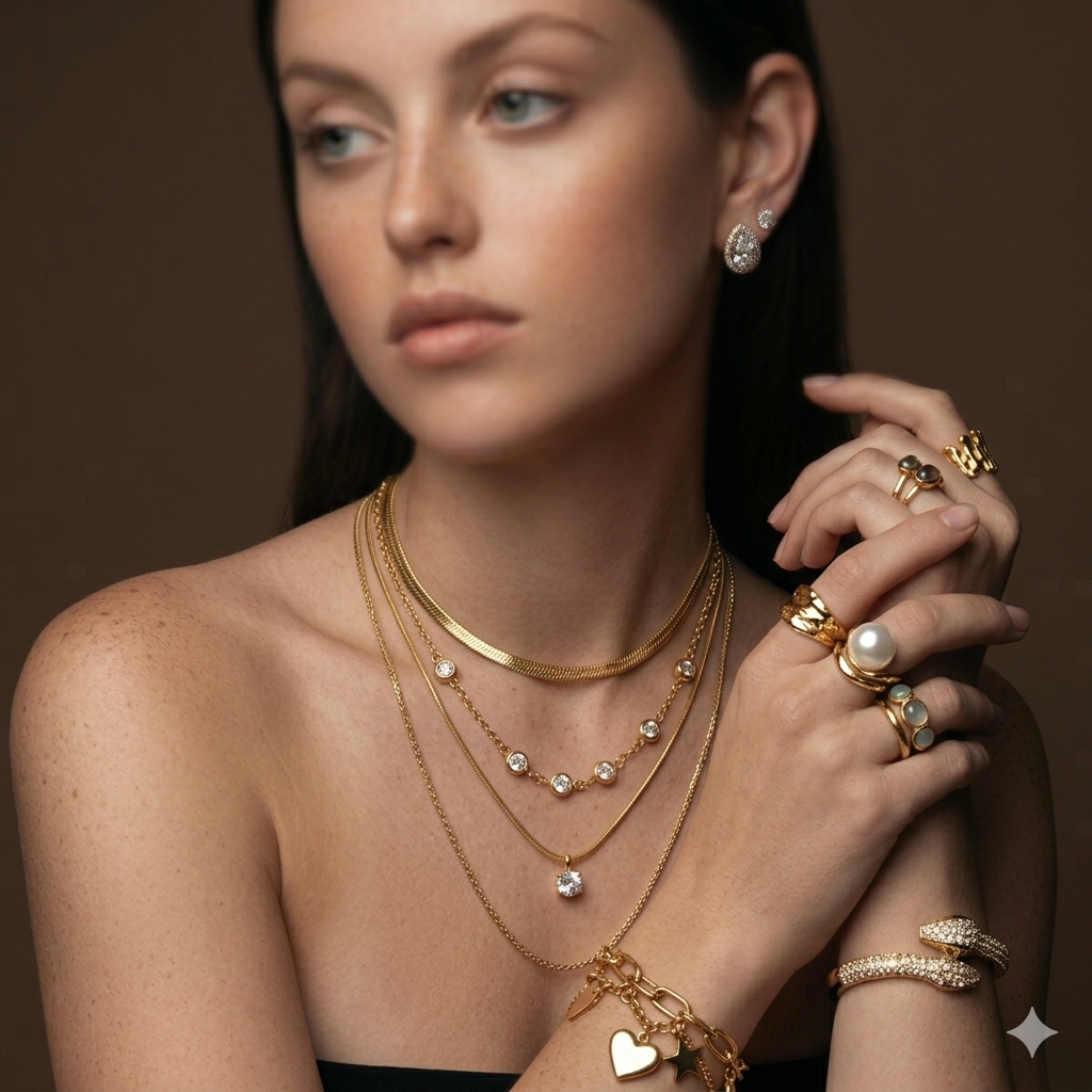 Orek Elegant woman wearing premium gold plated jewellery including necklace earrings bracelet and rings