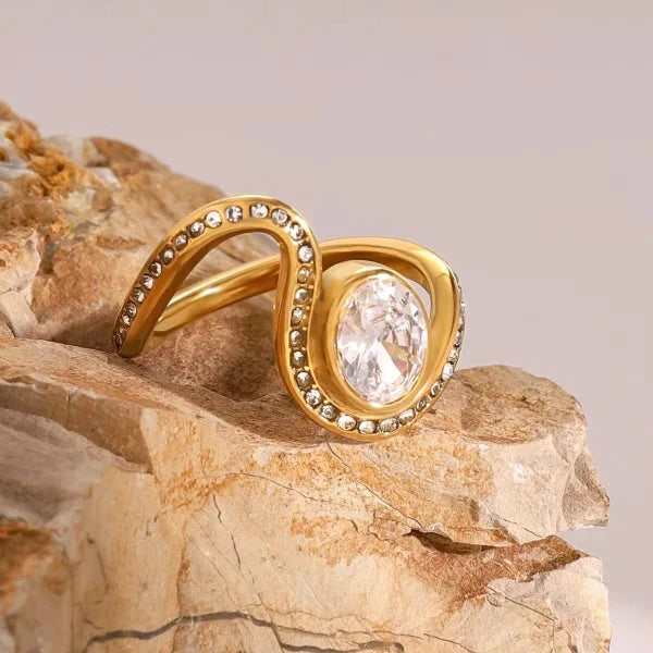 Water Drill Wave Oval Diamond 18k Gold Plated Ring