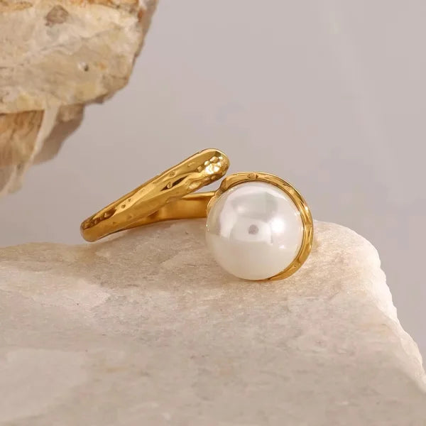 Ins Style Irregular Hammered Pearl Adjustable 18K Gold Plated Open Ring