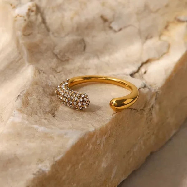 Irregular Waterdrop Shiny Small Cubic Zirconia 18K Gold Plated Adjustable Ring