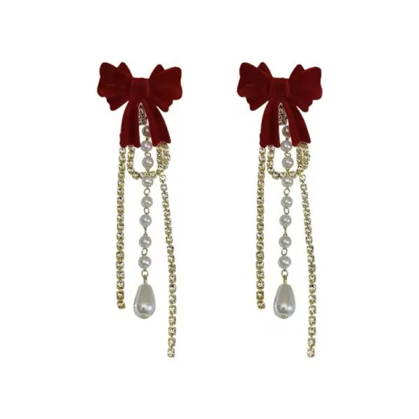 Western French Wintage Wine Red Bowknot Long Rhineston Pearl Tassel Earings For Women & Girls |Stylish & Elegant (Wine And White)