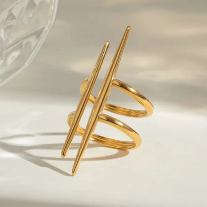 Close-up of Orek Duo Line Open Ring ring detail, two parallel, hollow lines running side 