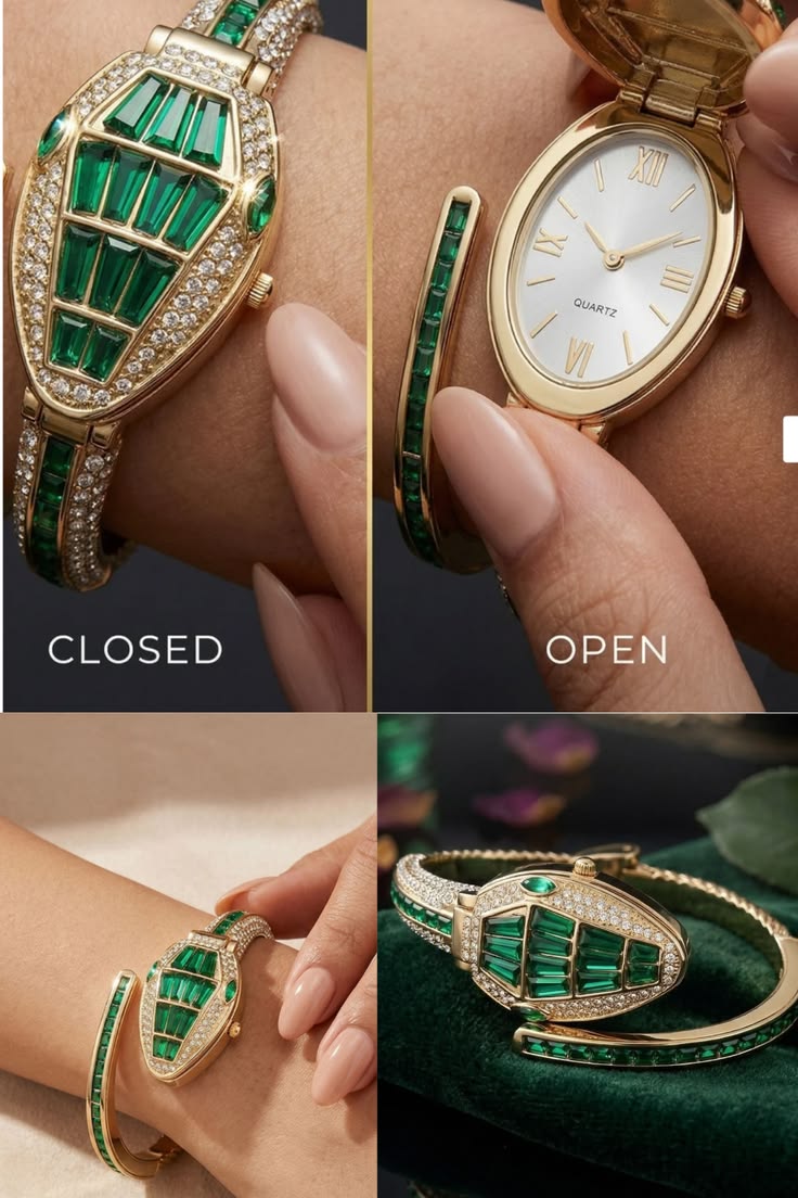 Woman wearing Orek Emerald Serpent Watch, green and gold fashion watch