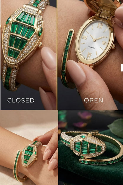 Woman wearing Orek Emerald Serpent Watch, green and gold fashion watch