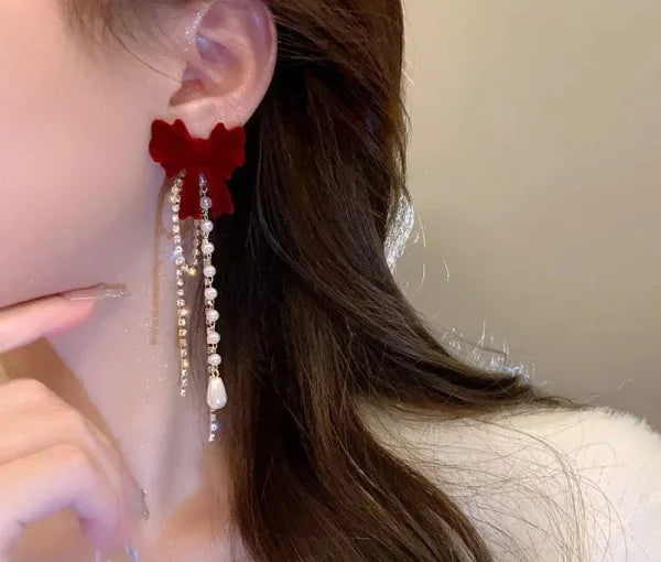 Western French Wintage Wine Red Bowknot Long Rhineston Pearl Tassel Earings For Women & Girls |Stylish & Elegant (Wine And White)