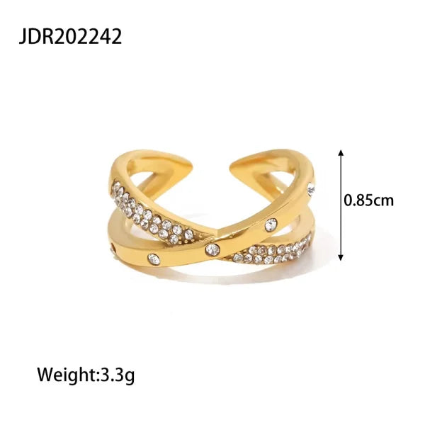 2 Layer White Shiny Diamond X Cross 18k Gold Plated Opening Ring