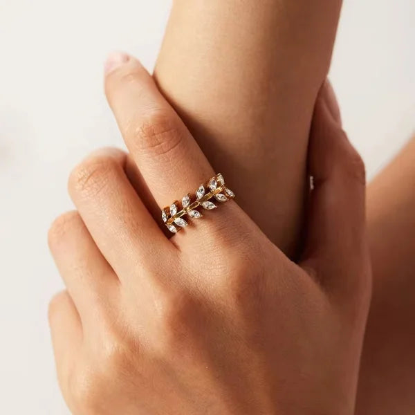 OREK Dainty Branch Leaf Design White Cubic Zirconia Adjustable Ring Anti Tarnish Gold Plated Jewelry 2.5 Micron Premium Finish Long Lasting with 1 Year Exchange Warranty