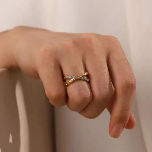 OREK 2 Layer White Shiny Diamond X Cross 18k Gold Plated Opening Ring Anti Tarnish Gold Plated Jewelry 2.5 Micron Premium Finish Long Lasting with 1 Year Exchange Warranty