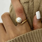 Ins Style Irregular Hammered Pearl Adjustable 18K Gold Plated Open Ring