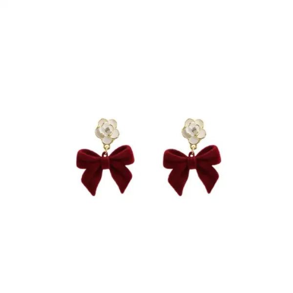 Western Red Velvet Bow With Flower Temperament Earings For Women & Girls |Stylish & Elegant (White & Red)