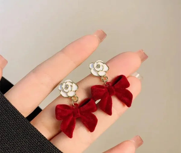 Western Red Velvet Bow With Flower Temperament Earings For Women & Girls |Stylish & Elegant (White & Red)