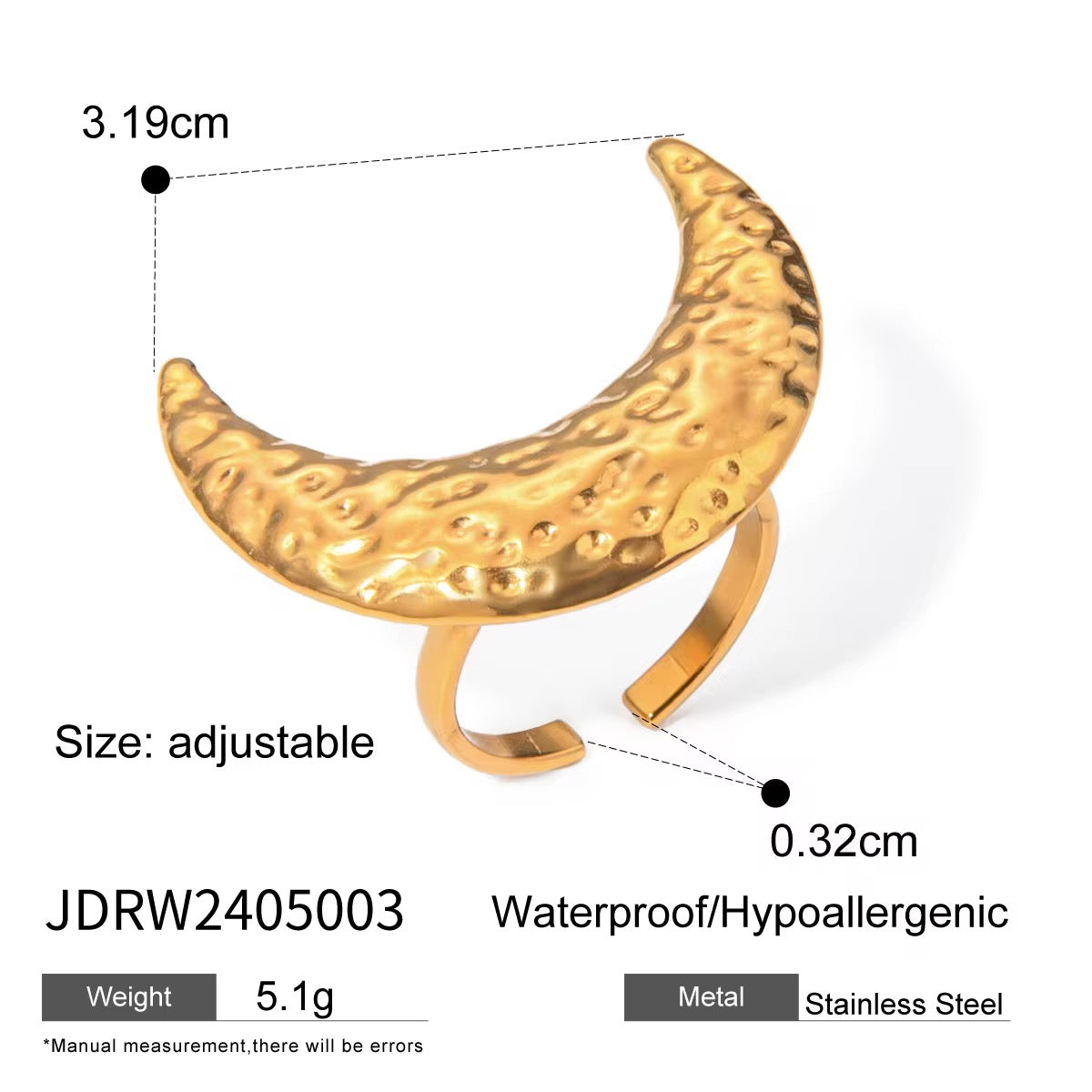 Orek Selene Big Moon Ring ring on jewellery display, a bold, irregular crescent-moon silhouet