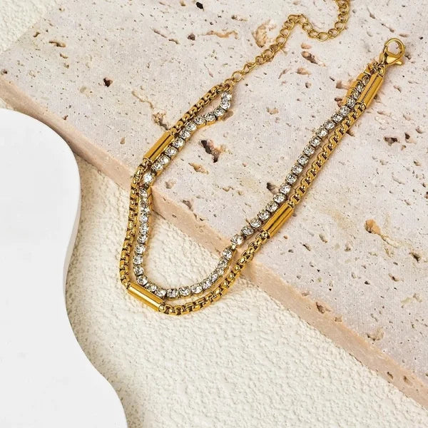 OREK Diamond Encrusted Multi-Layer Wear Titanium Steel Chain Bracelet Anti Tarnish Gold Plated Jewelry 2.5 Micron Premium Finish Long Lasting with 1 Year Exchange Warranty