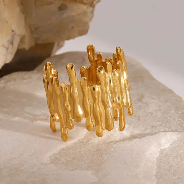 Close-up of Orek Vex Asymmetric Ring ring detail, an asymmetrical geometric band with clea
