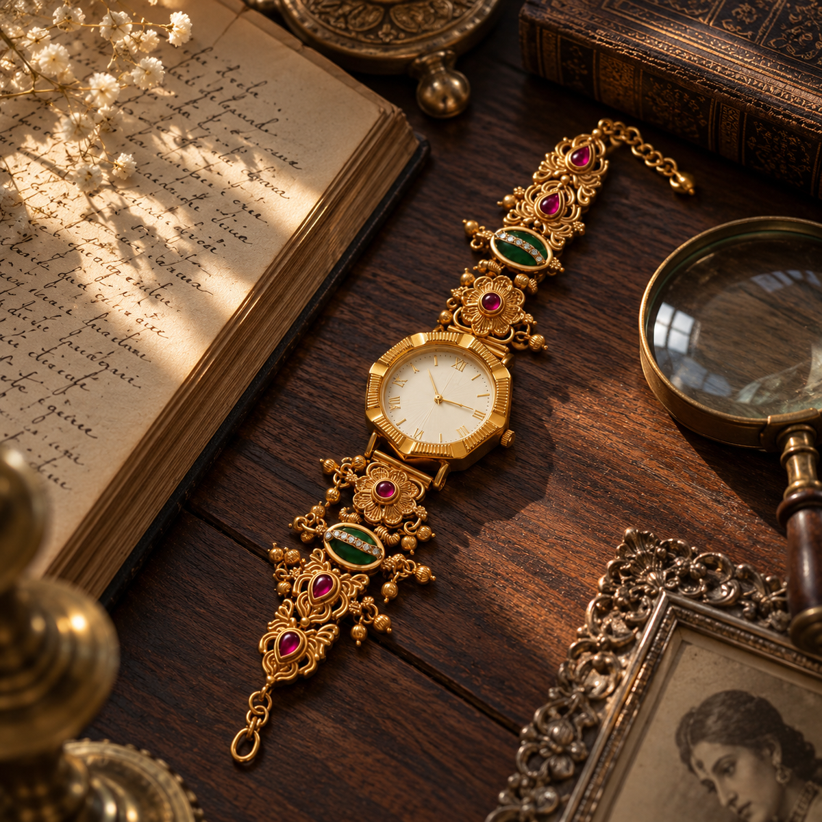 Gulnaar Traditional Gold Bracelet Watch with Ruby & Emerald Accents | Orek Jewellery