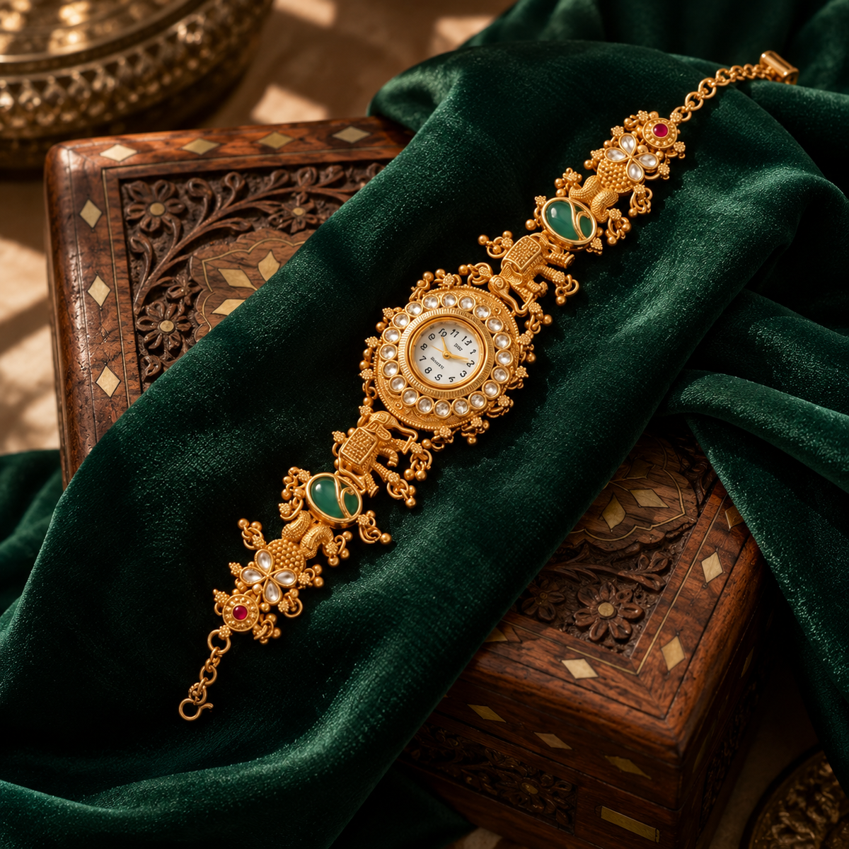 Rajsi Heritage Gold-Tone Bracelet Watch with Green Stone Accents